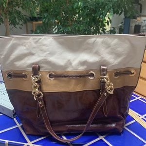 Aqua Madonna brown/tan/cream huge all leather tote.